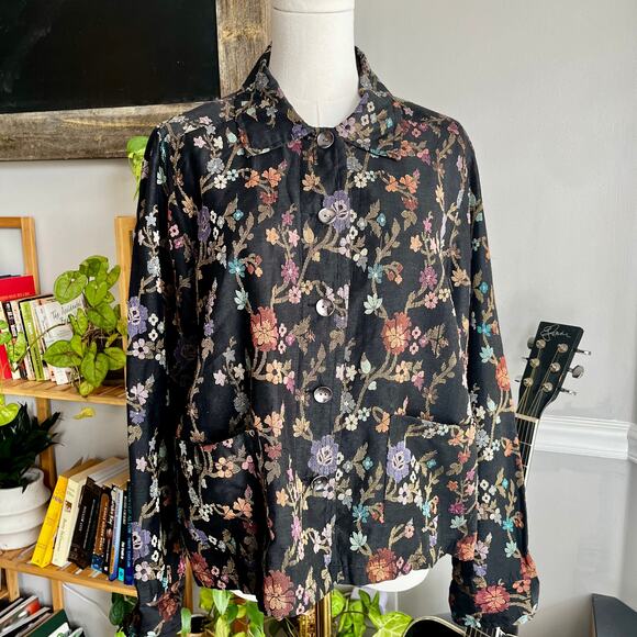 Vintage 90s Chico's Design Lagenlook Black Floral Lightweight Jacket Size Medium - Picture 1 of 5